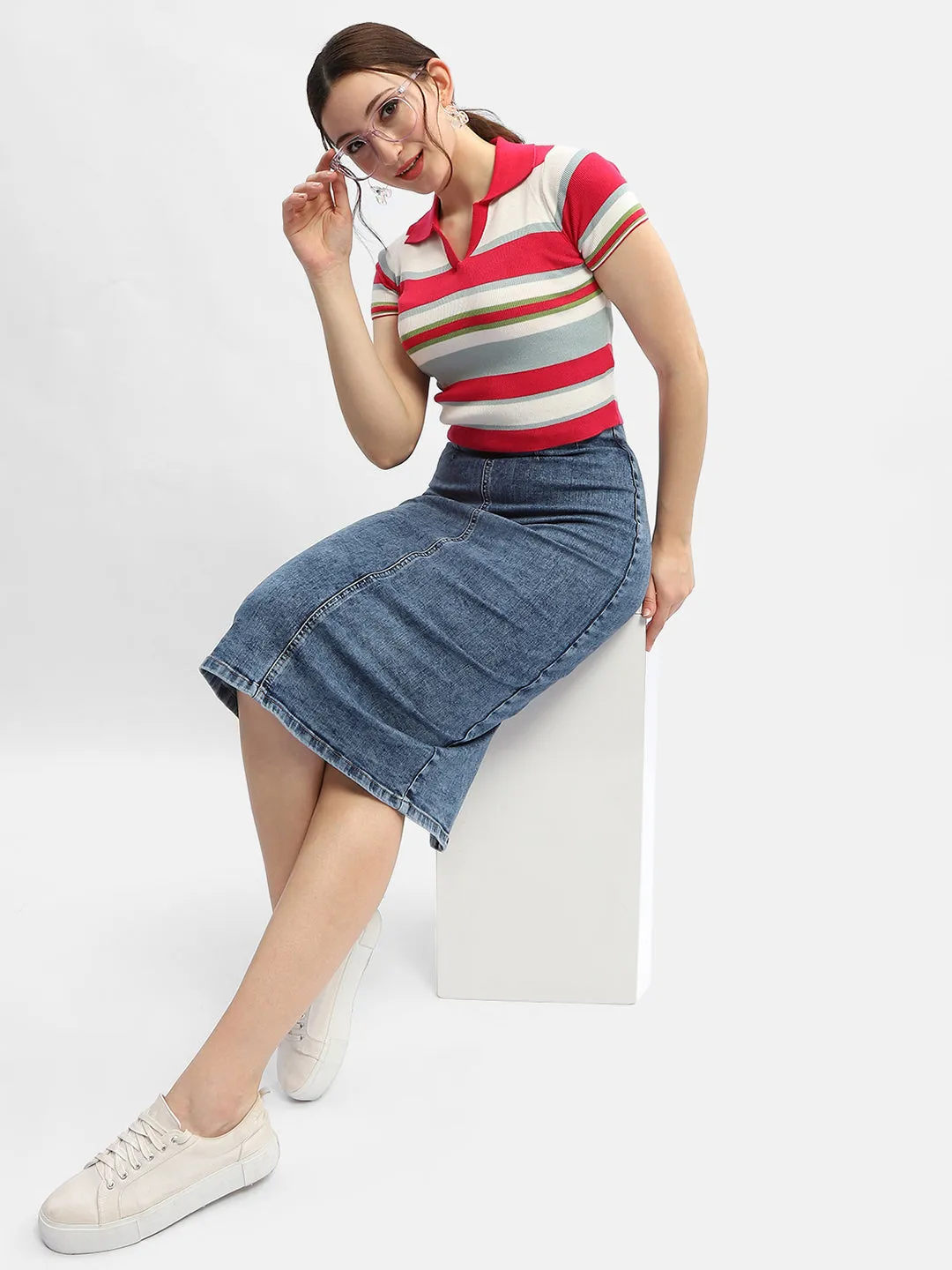 Madame Striped Hot Pink Polo Neck T-Shirt