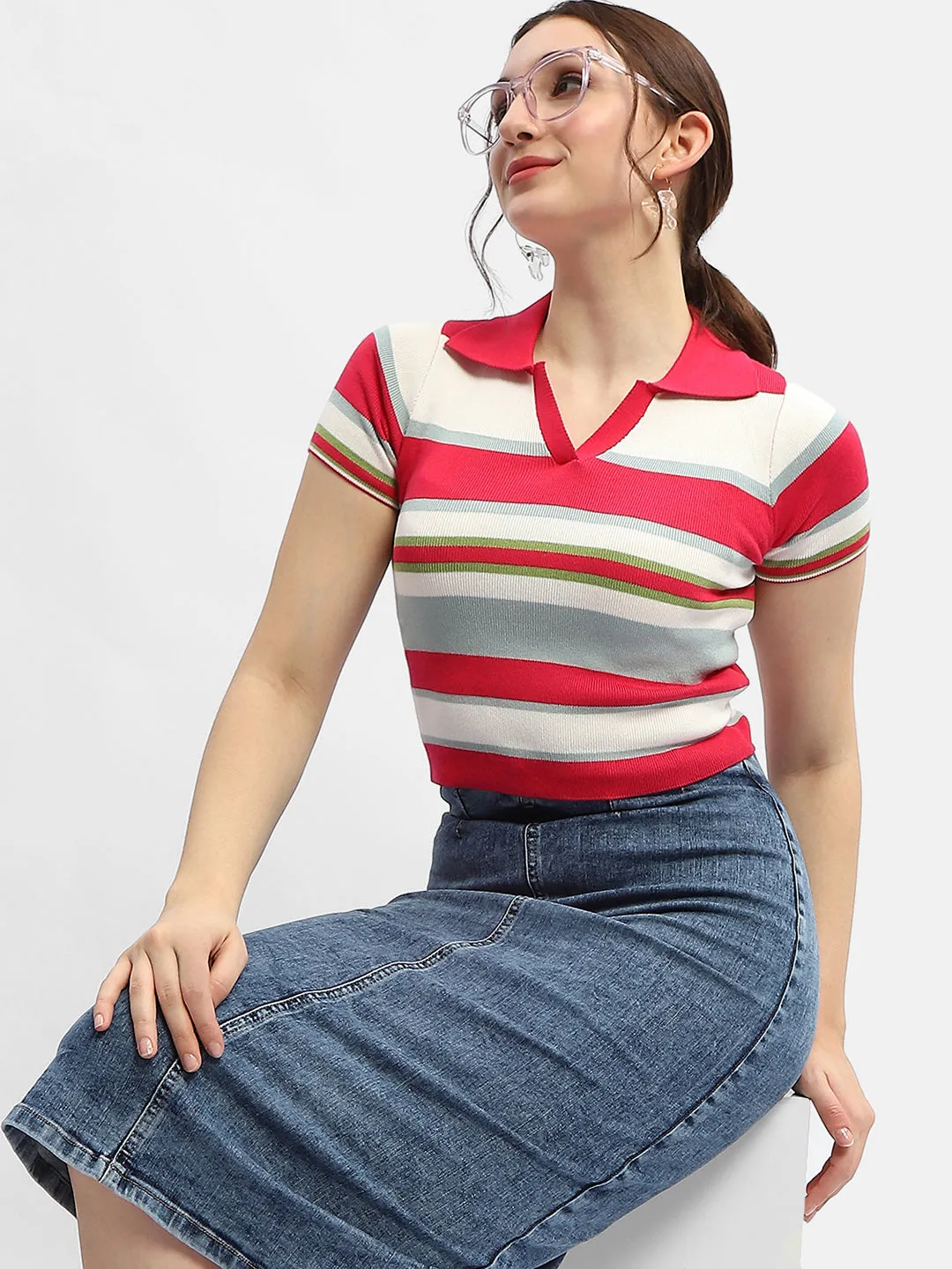 Madame Striped Hot Pink Polo Neck T-Shirt