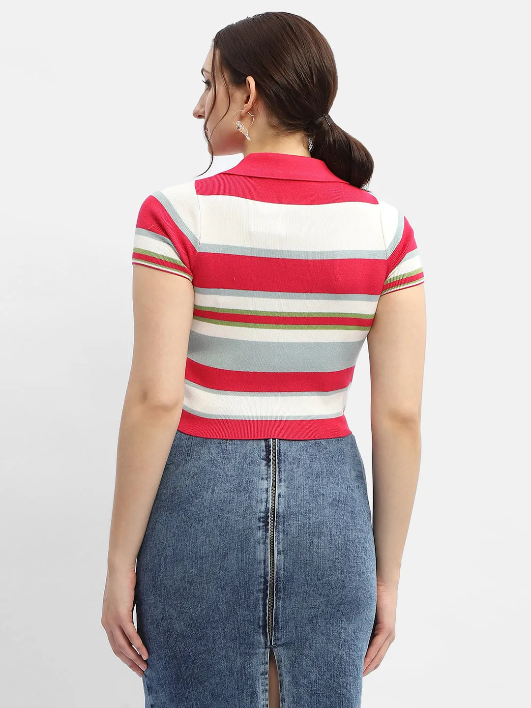 Madame Striped Hot Pink Polo Neck T-Shirt