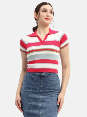Madame Striped Hot Pink Polo Neck T-Shirt