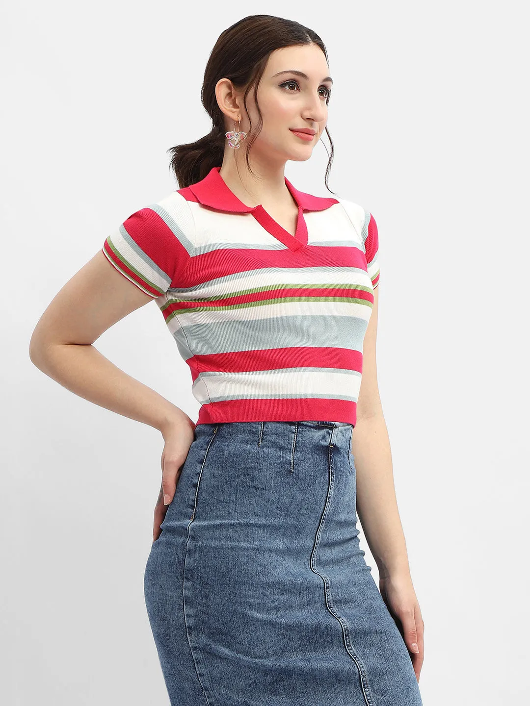 Madame Striped Hot Pink Polo Neck T-Shirt