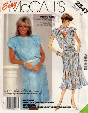 McCall's 2547 Linda Evans DYNASTY Collection Womens Cap Sleeved Pleated Shoulder Dress 1980s Vintage Sewing Pattern Size 12 Bust 34 inches UNCUT Factory Folded