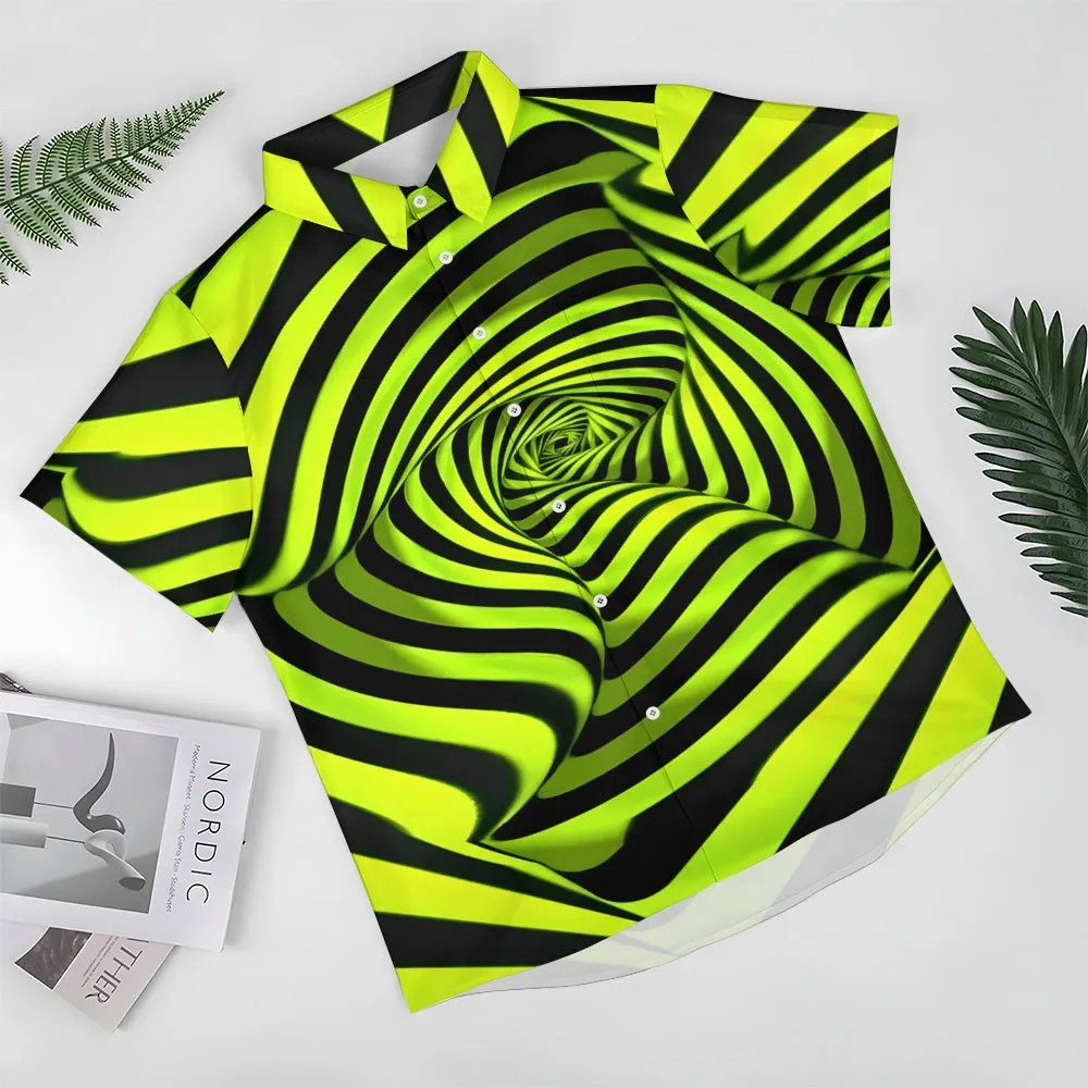 Men's Fluorescent Green Spiral Stripe Print Short Sleeve Shirt 2410008354