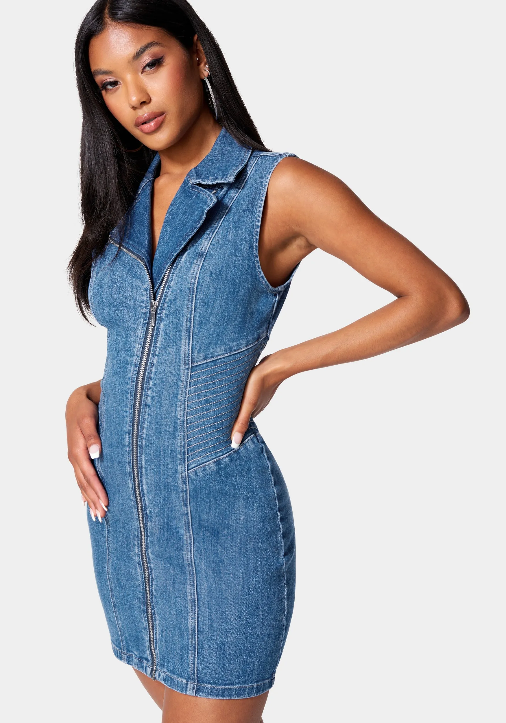 Multi Stitch Asymmetrical Zipper Denim Dress
