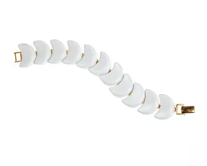 Napier White Chain Link Bracelet, White Enamel, Scalloped Link, Mid Century Modern, Gold Tone, Designer Vintage Jewelry