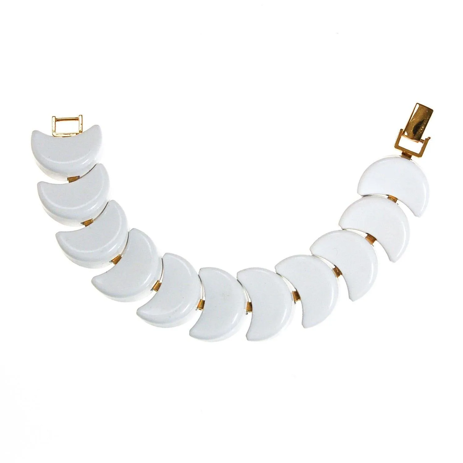 Napier White Chain Link Bracelet, White Enamel, Scalloped Link, Mid Century Modern, Gold Tone, Designer Vintage Jewelry