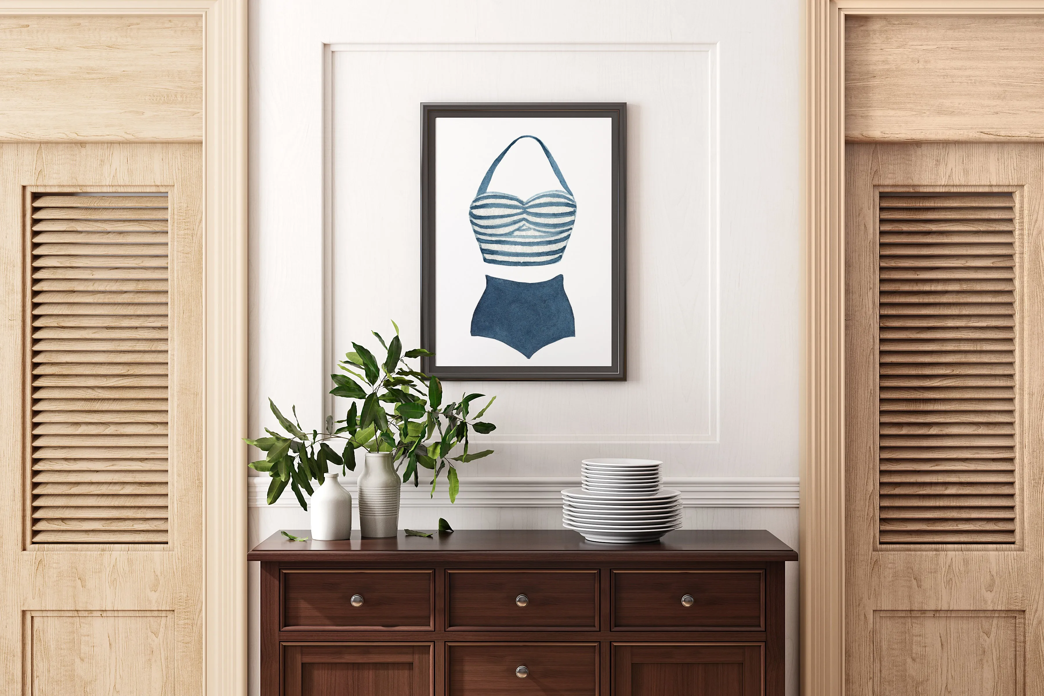 Nautical Print, Retro Halter Swimsuit Artwork, Ideal Decor for Beach Vibes, Gift for Swim Enthusiasts or Nostalgia Lovers | Preppy Coastal Collection