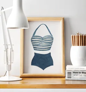 Nautical Print, Retro Halter Swimsuit Artwork, Ideal Decor for Beach Vibes, Gift for Swim Enthusiasts or Nostalgia Lovers | Preppy Coastal Collection