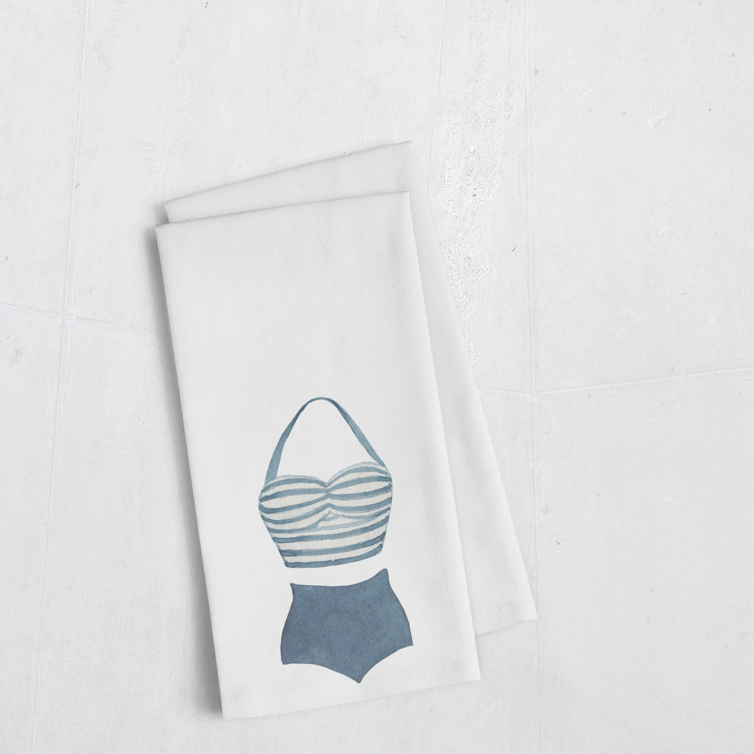 Nautical Tea Towel | retro blue and white striped swimsuit on a cotton Tea Towel | Preppy Coastal Collection