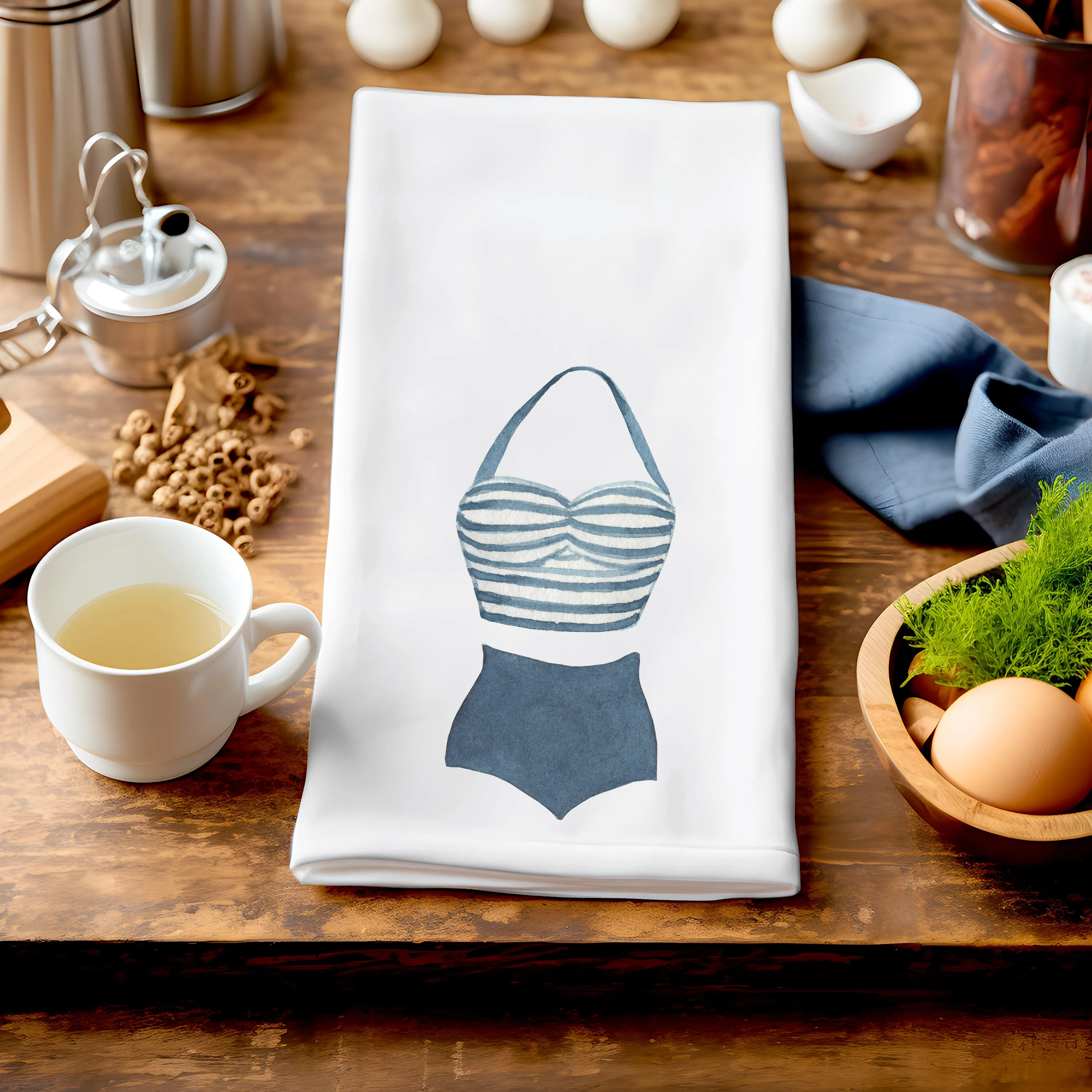 Nautical Tea Towel | retro blue and white striped swimsuit on a cotton Tea Towel | Preppy Coastal Collection