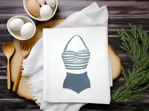 Nautical Tea Towel | retro blue and white striped swimsuit on a cotton Tea Towel | Preppy Coastal Collection