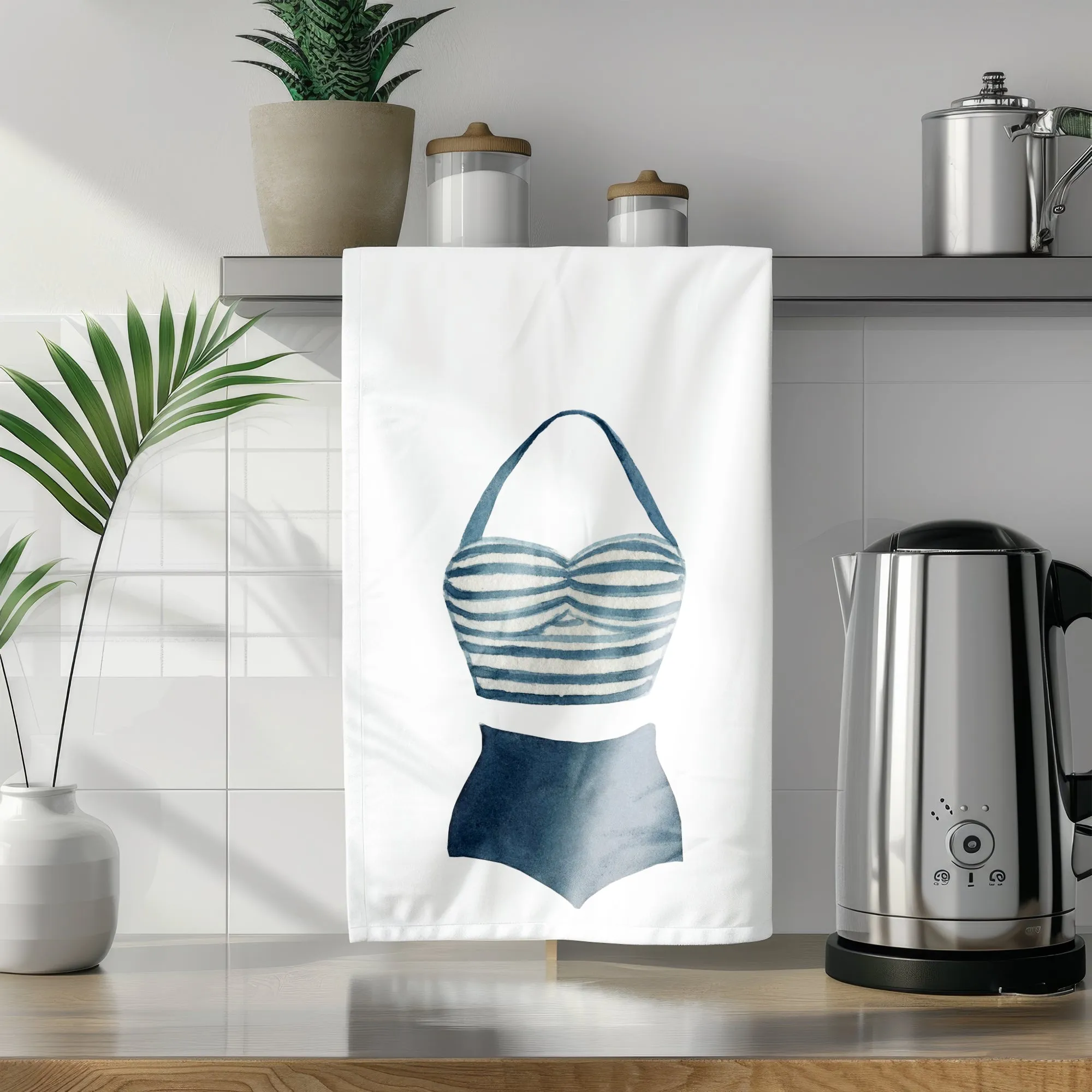 Nautical Tea Towel | retro blue and white striped swimsuit on a cotton Tea Towel | Preppy Coastal Collection