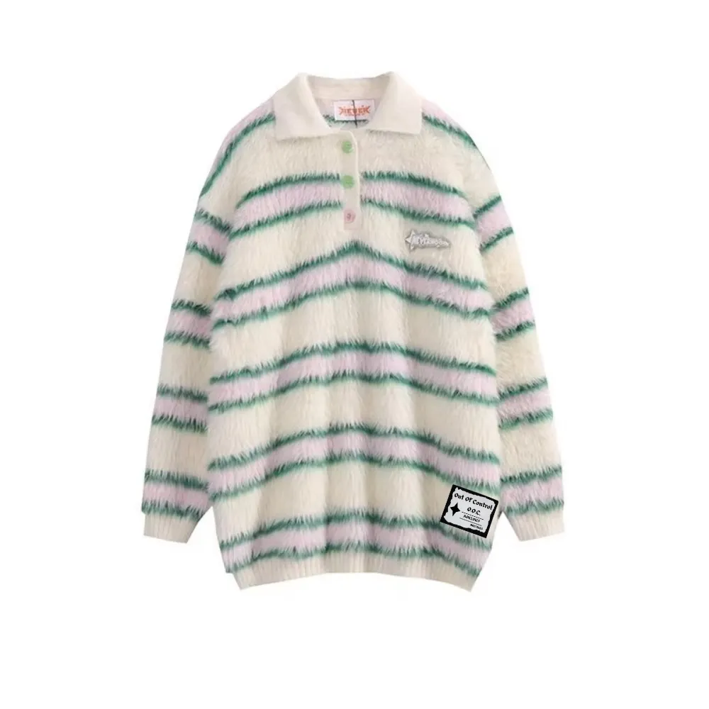 OOC' Vintage Loose Mink Polo Collar Striped Sweater