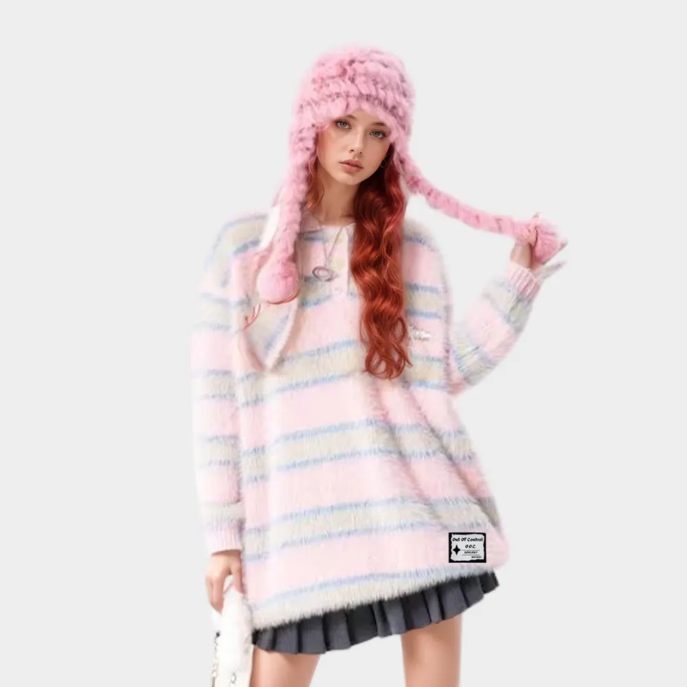 OOC' Vintage Loose Mink Polo Collar Striped Sweater