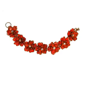 Orange Flower Bracelet, Rhinestone Center, Mid Century Modern