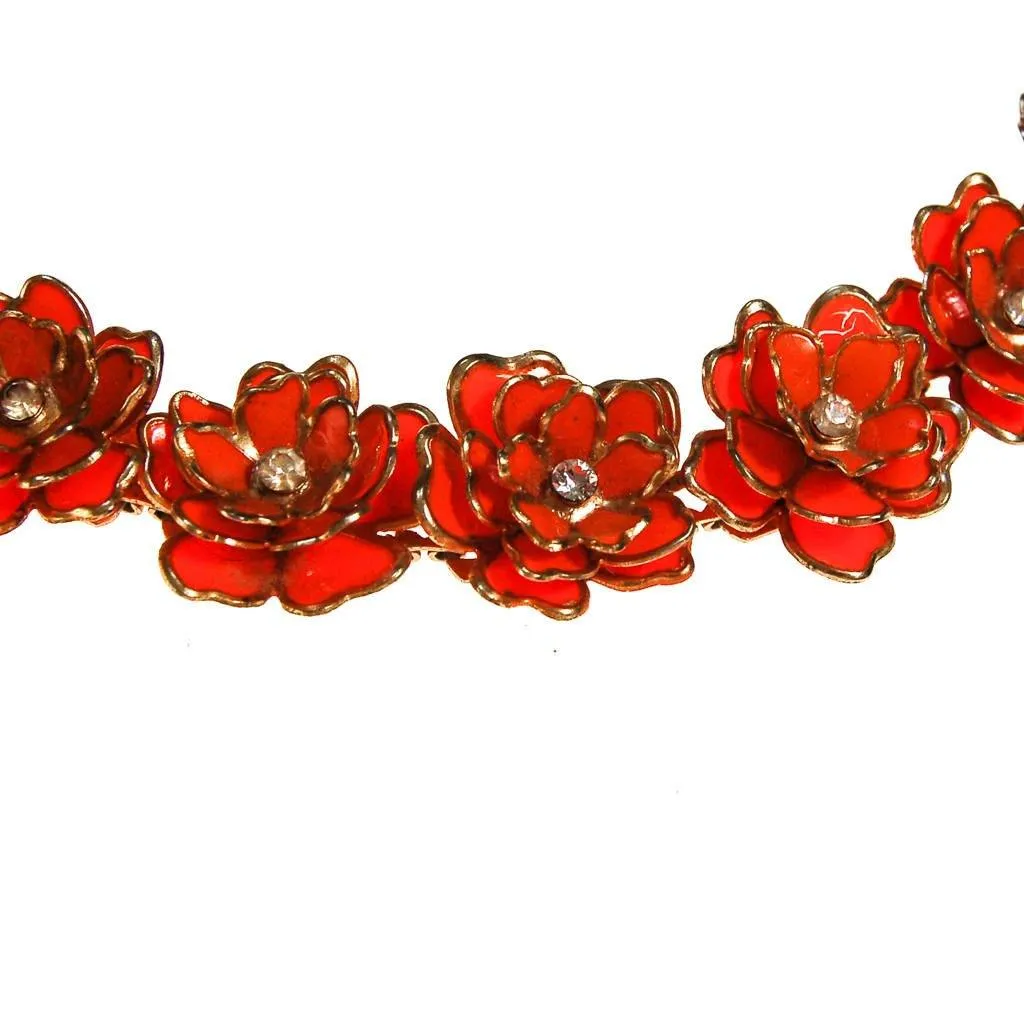 Orange Flower Bracelet, Rhinestone Center, Mid Century Modern