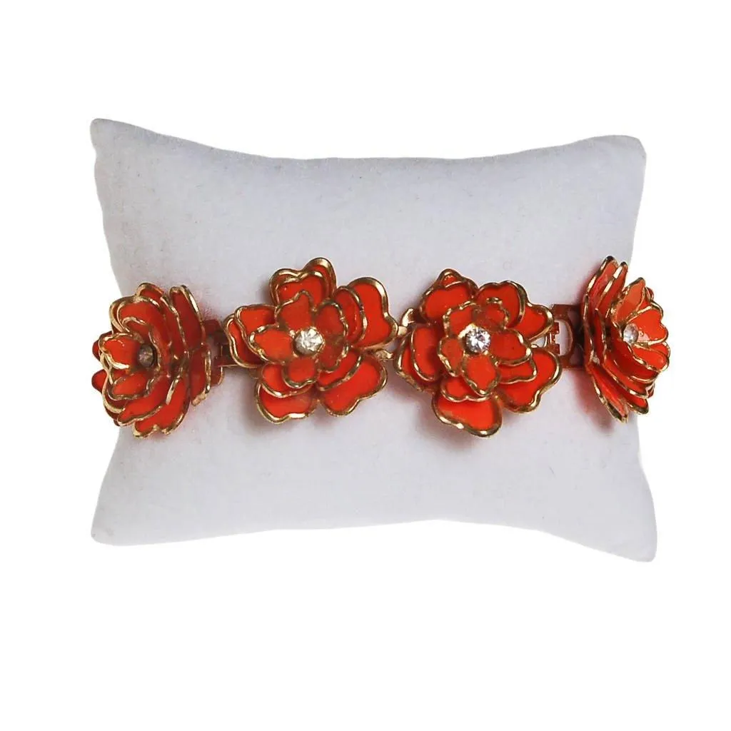 Orange Flower Bracelet, Rhinestone Center, Mid Century Modern