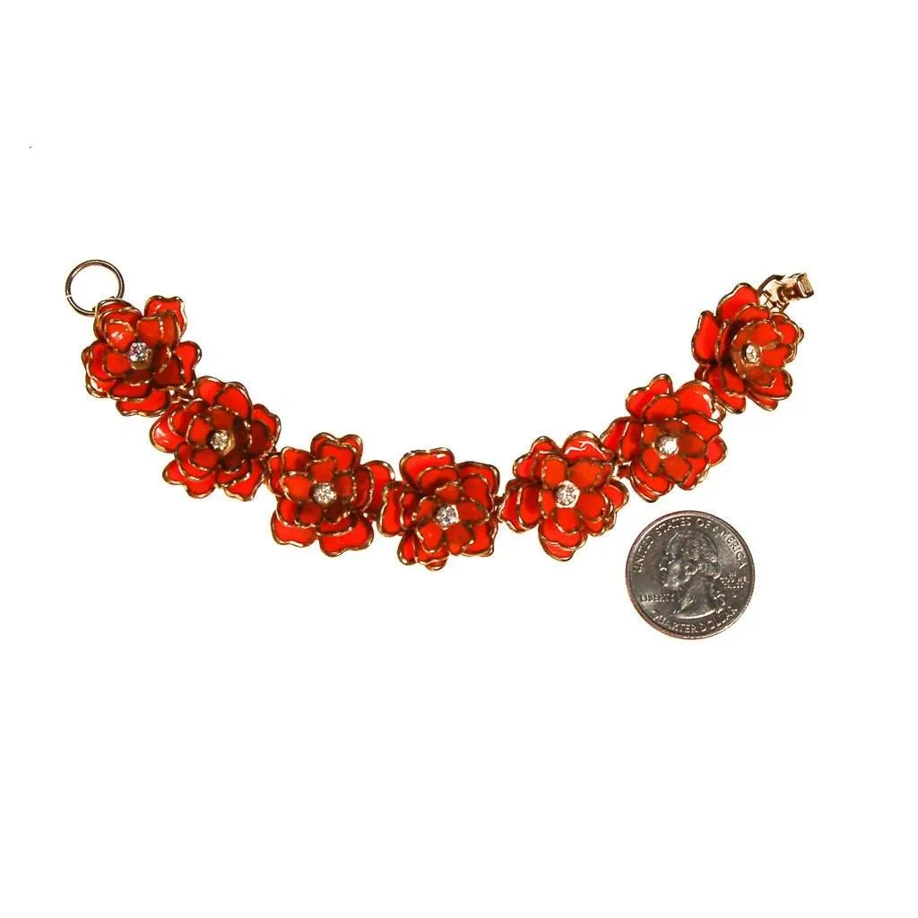 Orange Flower Bracelet, Rhinestone Center, Mid Century Modern