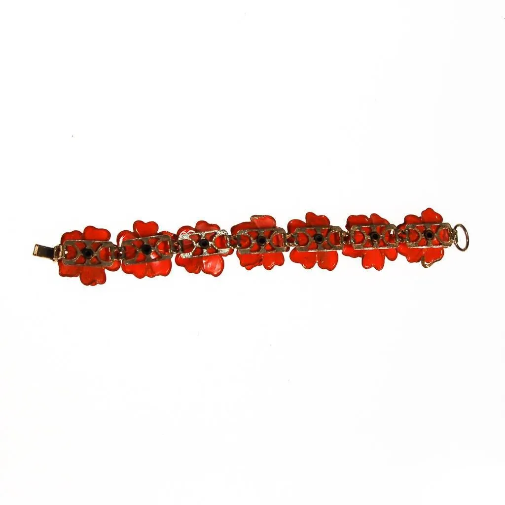 Orange Flower Bracelet, Rhinestone Center, Mid Century Modern