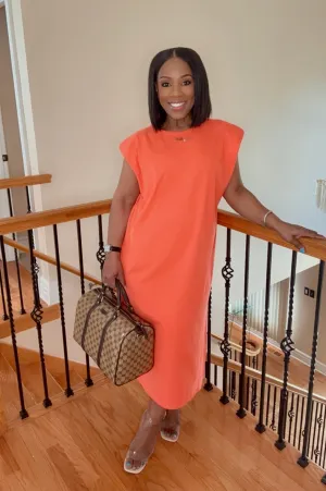 Orange Padded Shoulder Slit Dress