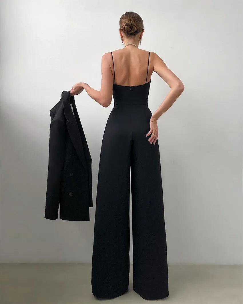Party Backless Pocket Zipper Wide-leg Jumpsuits