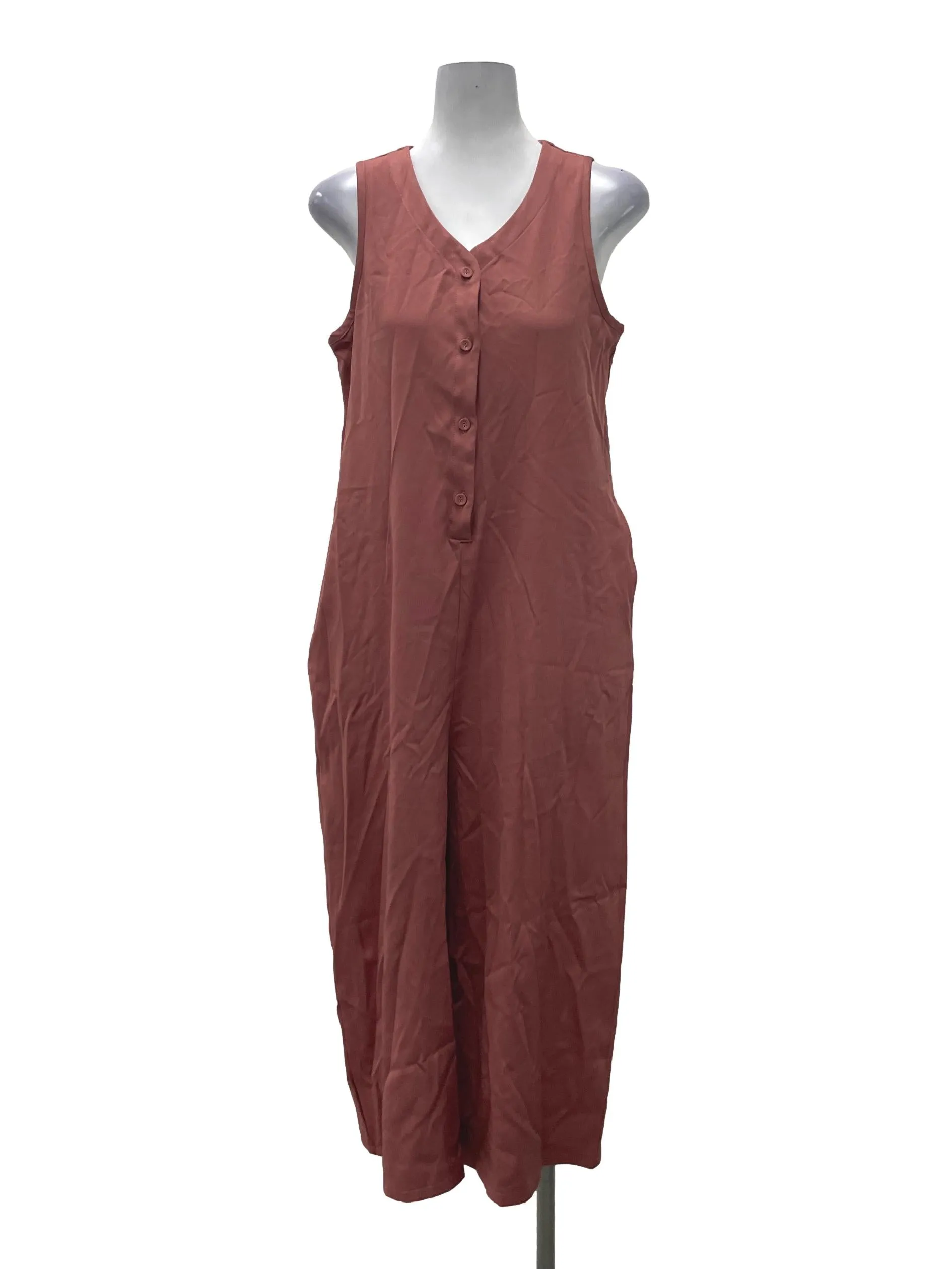 Pink V Neck Button Wide Legged Jumpsuit