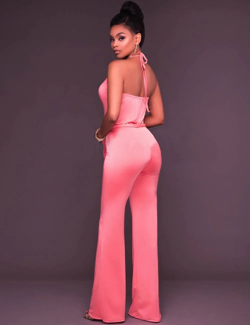 Pink Wide Leg Halter Jumpsuit