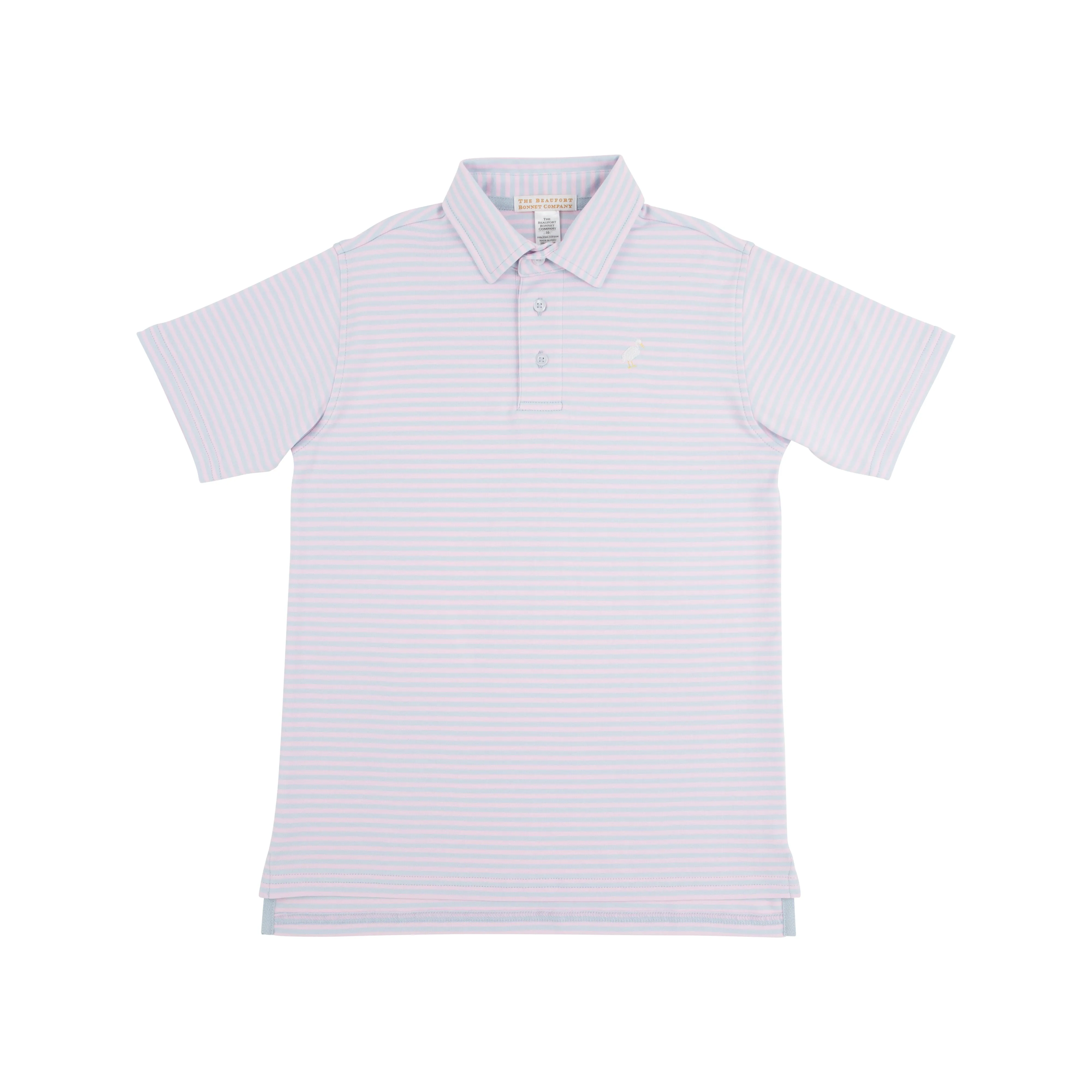 Prim & Proper Polo - Buckhead Blue and Palm Beach Pink Stripe with Multicolor Stork
