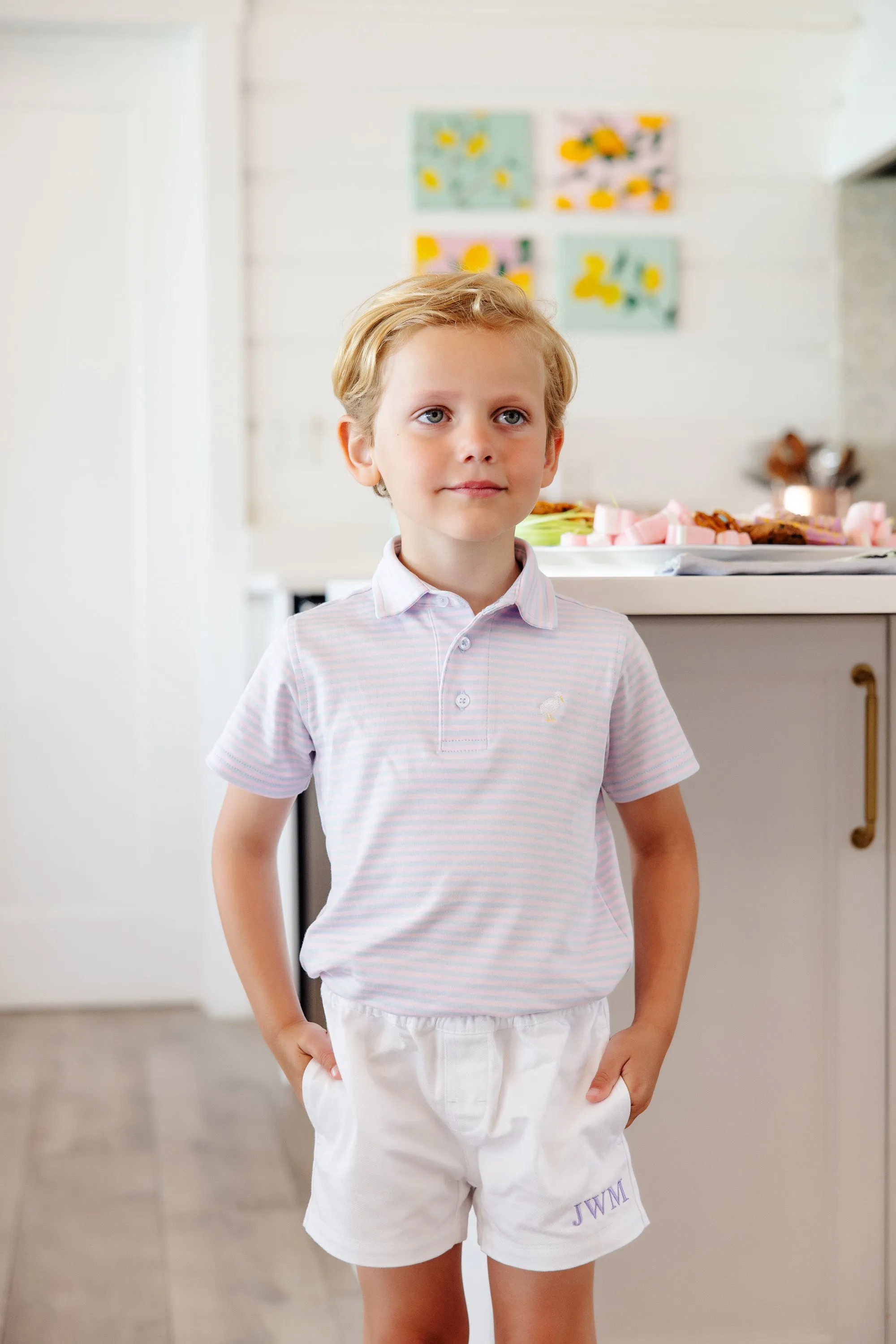 Prim & Proper Polo - Buckhead Blue and Palm Beach Pink Stripe with Multicolor Stork