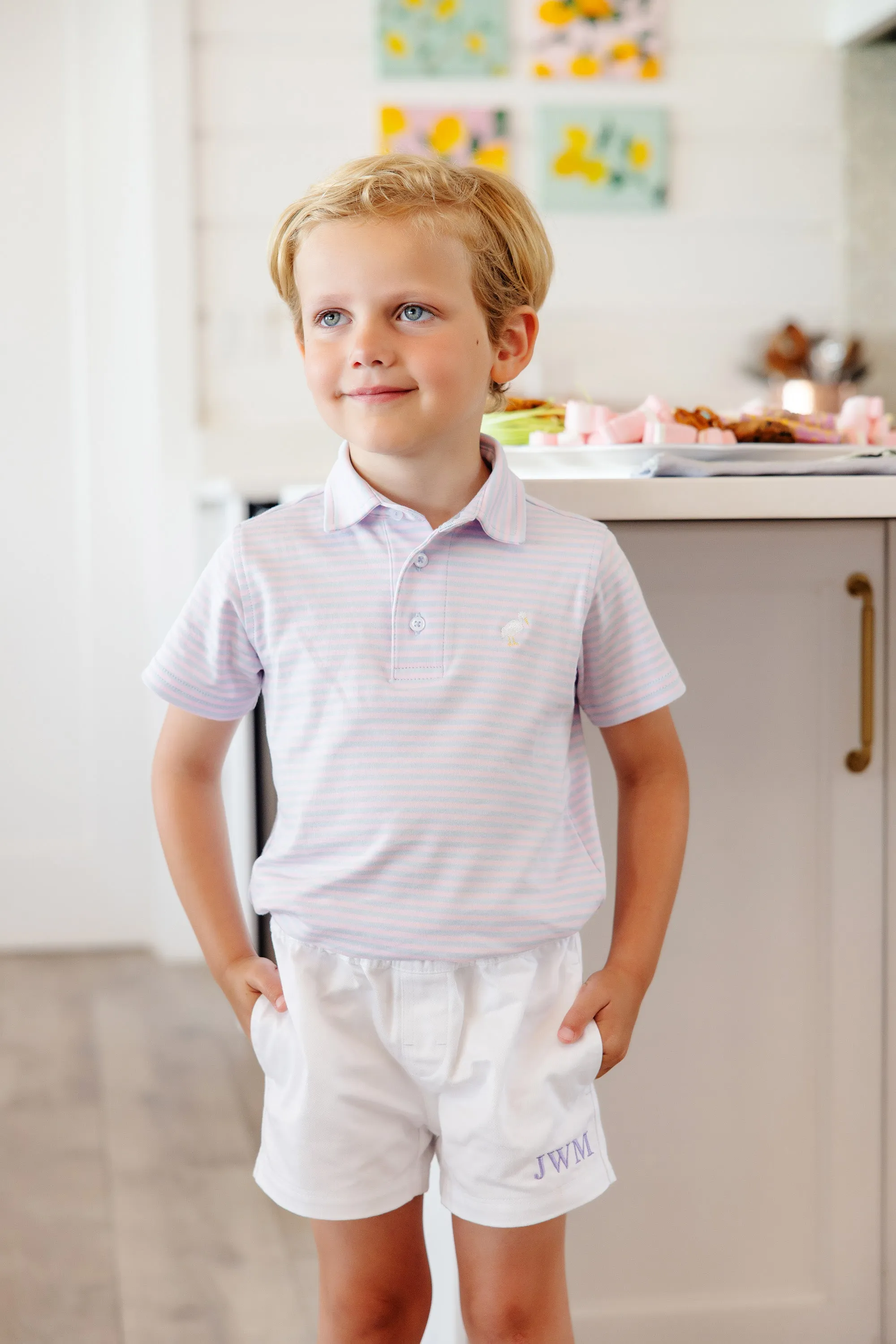 Prim & Proper Polo - Buckhead Blue and Palm Beach Pink Stripe with Multicolor Stork