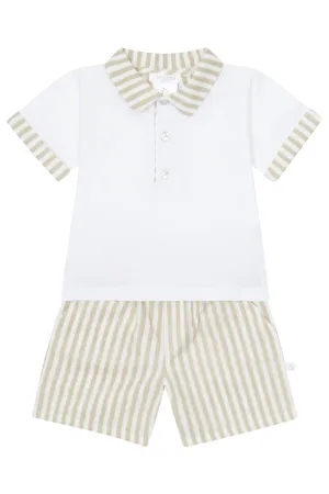 "Grayson" Beige Stripe Polo Shirt & Shorts