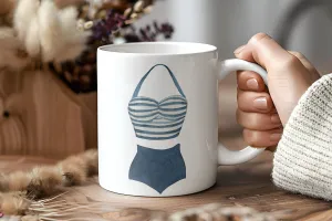 Retro coffee mug with vintage halter blue and white striped swimsuit | 11 oz ceramic coffee mug | Preppy Coastal collection