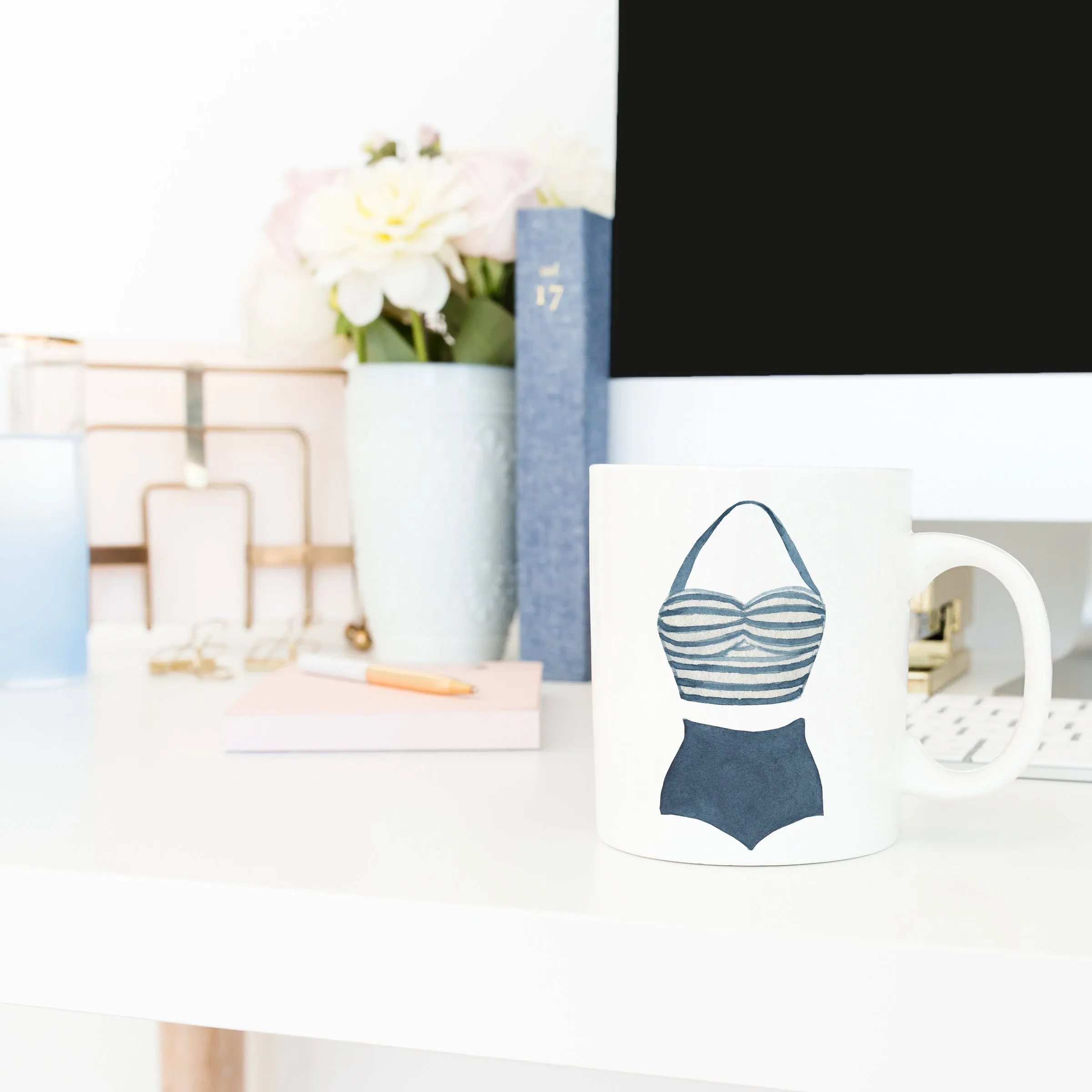 Retro coffee mug with vintage halter blue and white striped swimsuit | 11 oz ceramic coffee mug | Preppy Coastal collection