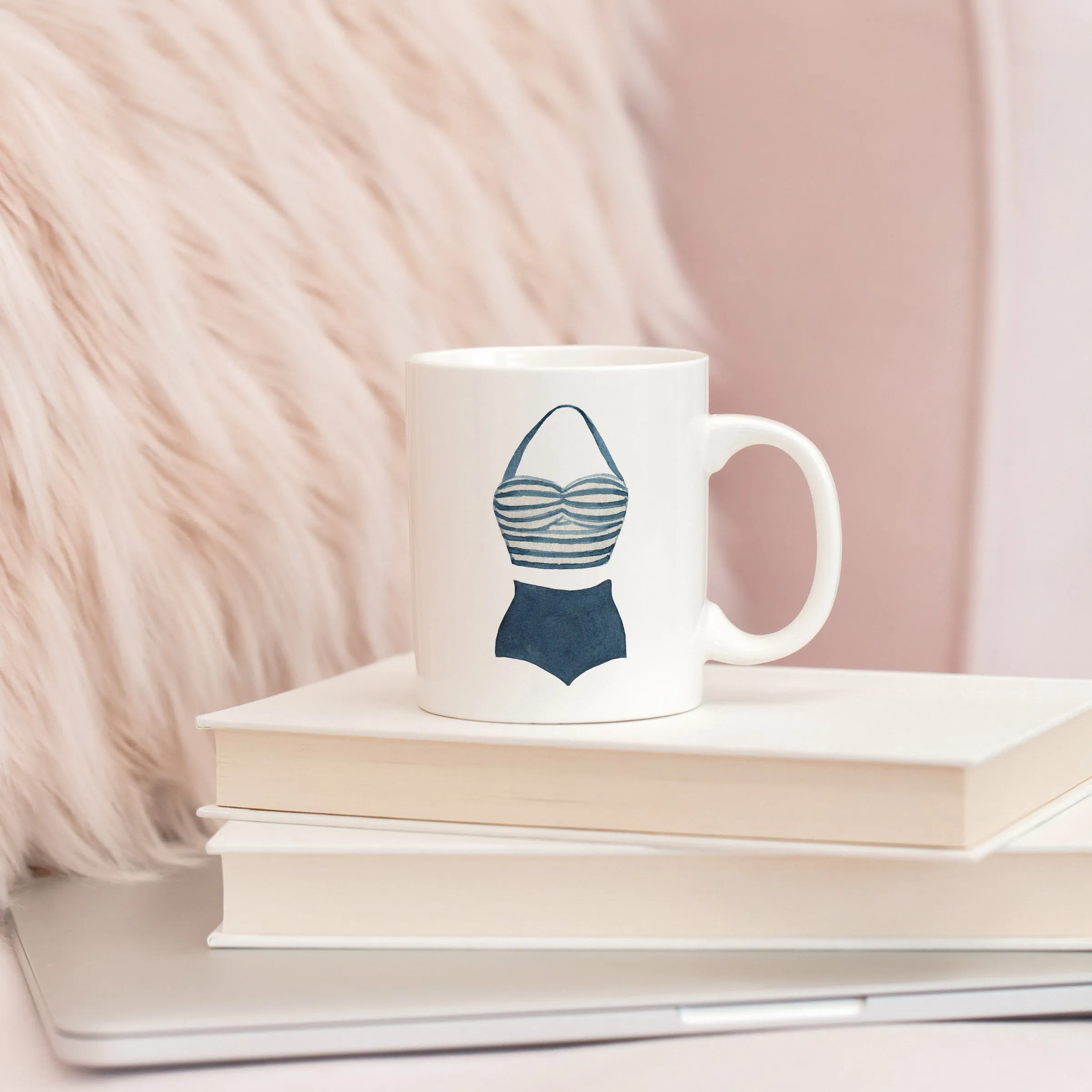 Retro coffee mug with vintage halter blue and white striped swimsuit | 11 oz ceramic coffee mug | Preppy Coastal collection