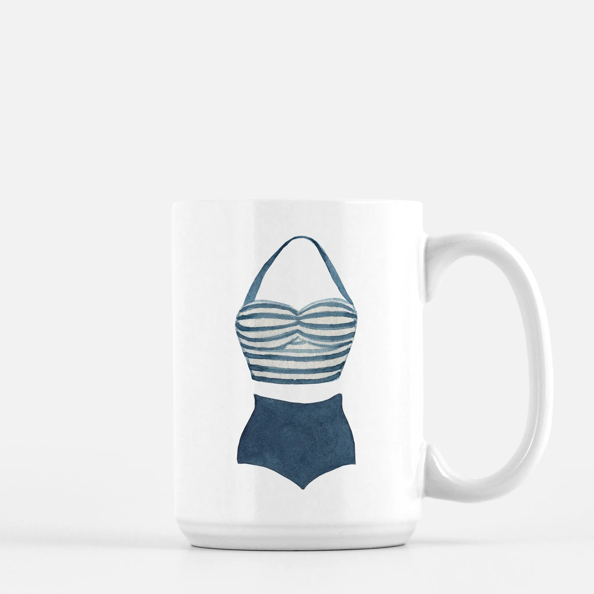 Retro coffee mug with vintage halter blue and white striped swimsuit | 11 oz ceramic coffee mug | Preppy Coastal collection
