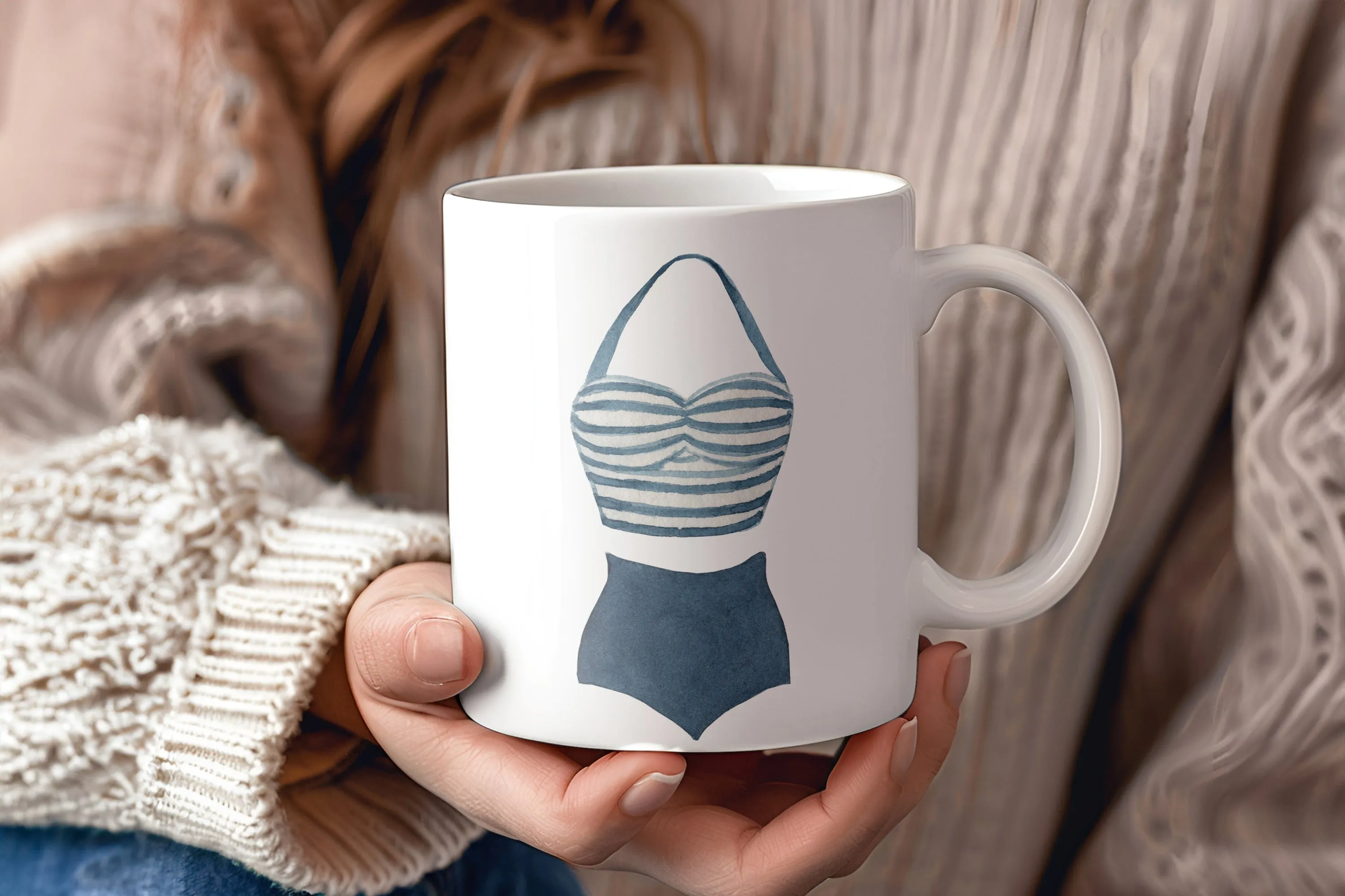 Retro coffee mug with vintage halter blue and white striped swimsuit | 11 oz ceramic coffee mug | Preppy Coastal collection