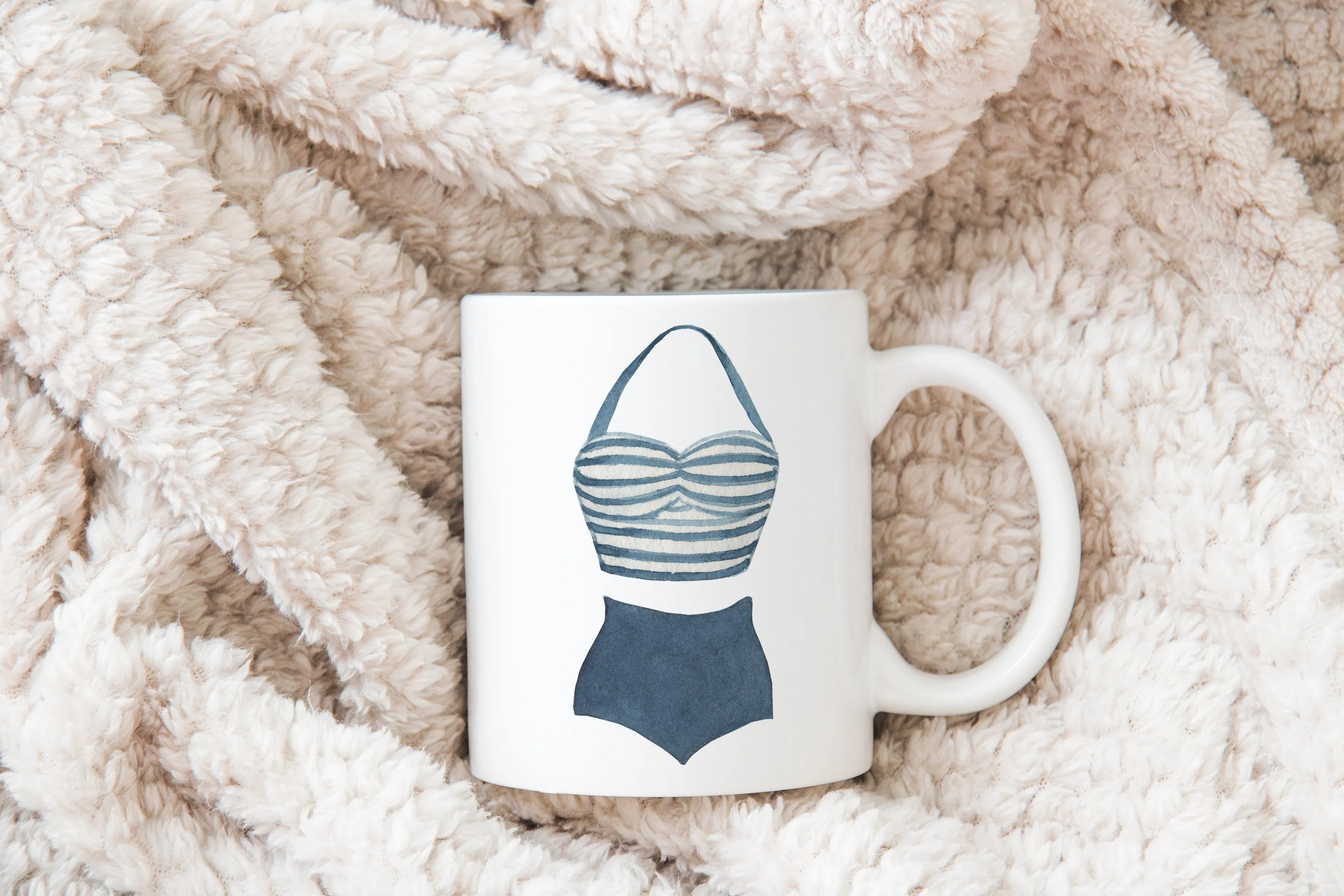 Retro coffee mug with vintage halter blue and white striped swimsuit | 11 oz ceramic coffee mug | Preppy Coastal collection