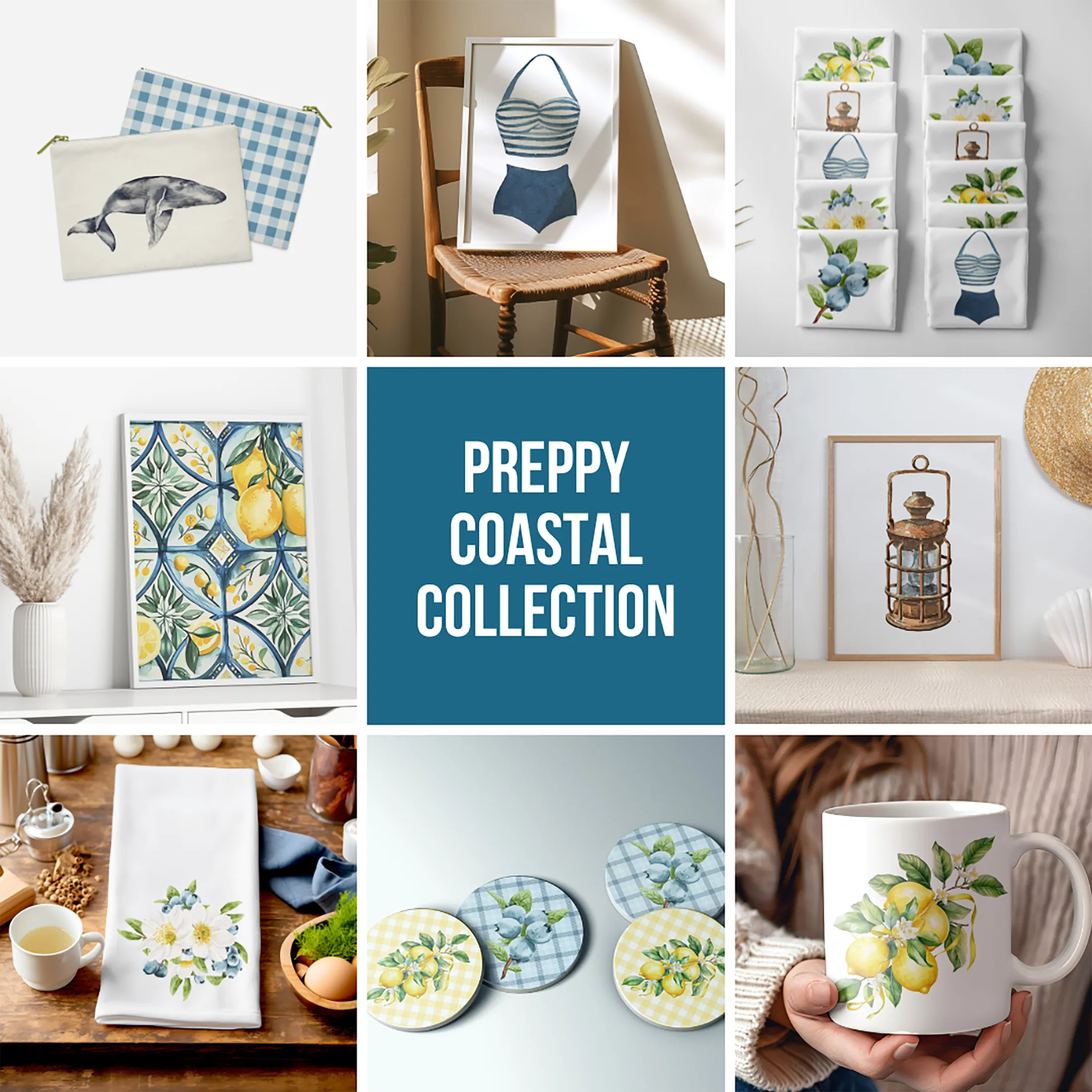 Retro sticker featuring a stylish halter bathing suit, charming blue stripes for summer vibes, ideal gift for beach bunnies | Preppy Coastal Collection