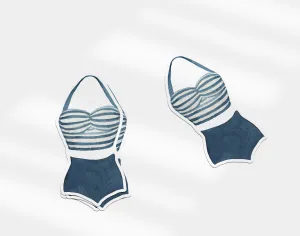 Retro sticker featuring a stylish halter bathing suit, charming blue stripes for summer vibes, ideal gift for beach bunnies | Preppy Coastal Collection