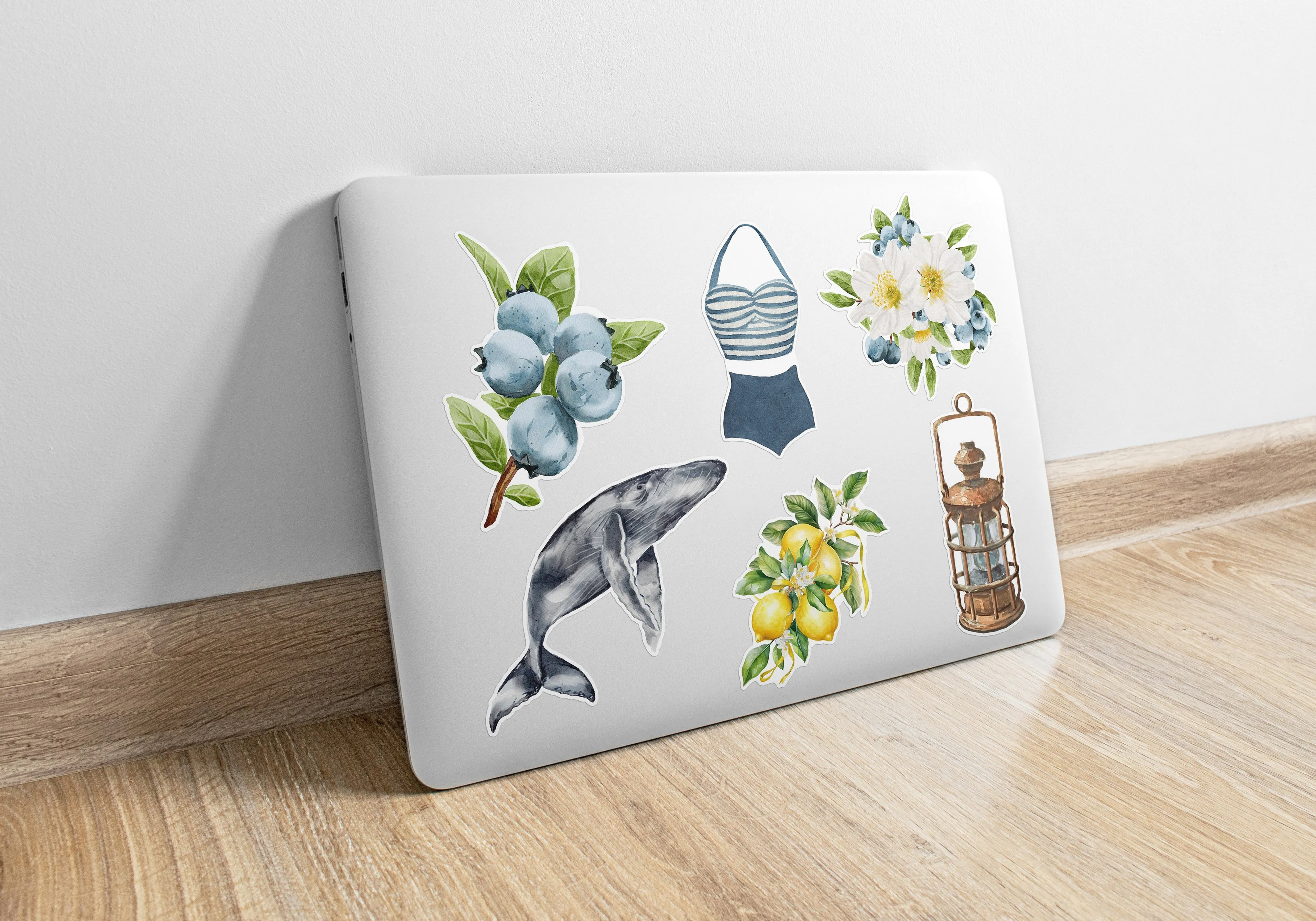 Retro sticker featuring a stylish halter bathing suit, charming blue stripes for summer vibes, ideal gift for beach bunnies | Preppy Coastal Collection