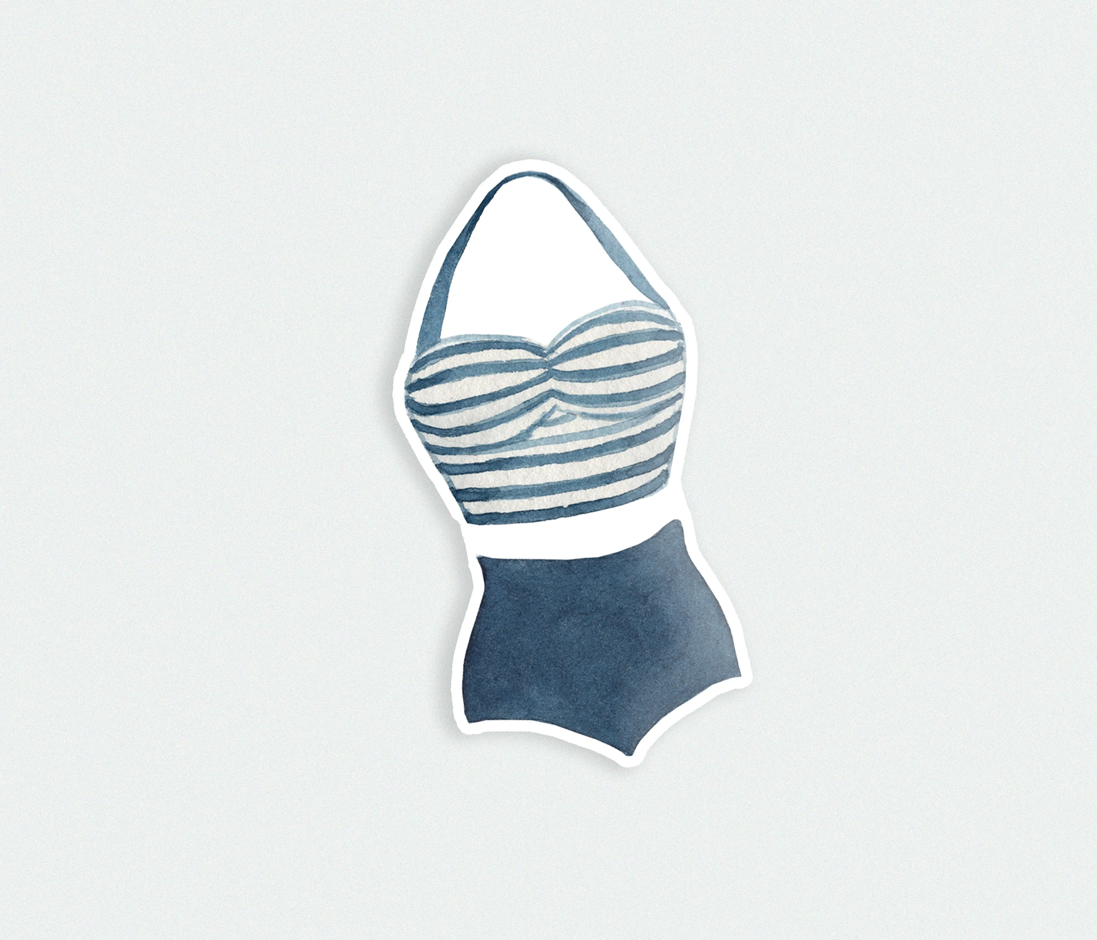 Retro sticker featuring a stylish halter bathing suit, charming blue stripes for summer vibes, ideal gift for beach bunnies | Preppy Coastal Collection