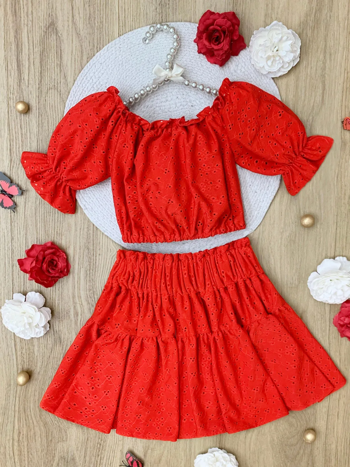 Rosette Charm Eyelet Top & Skirt Set