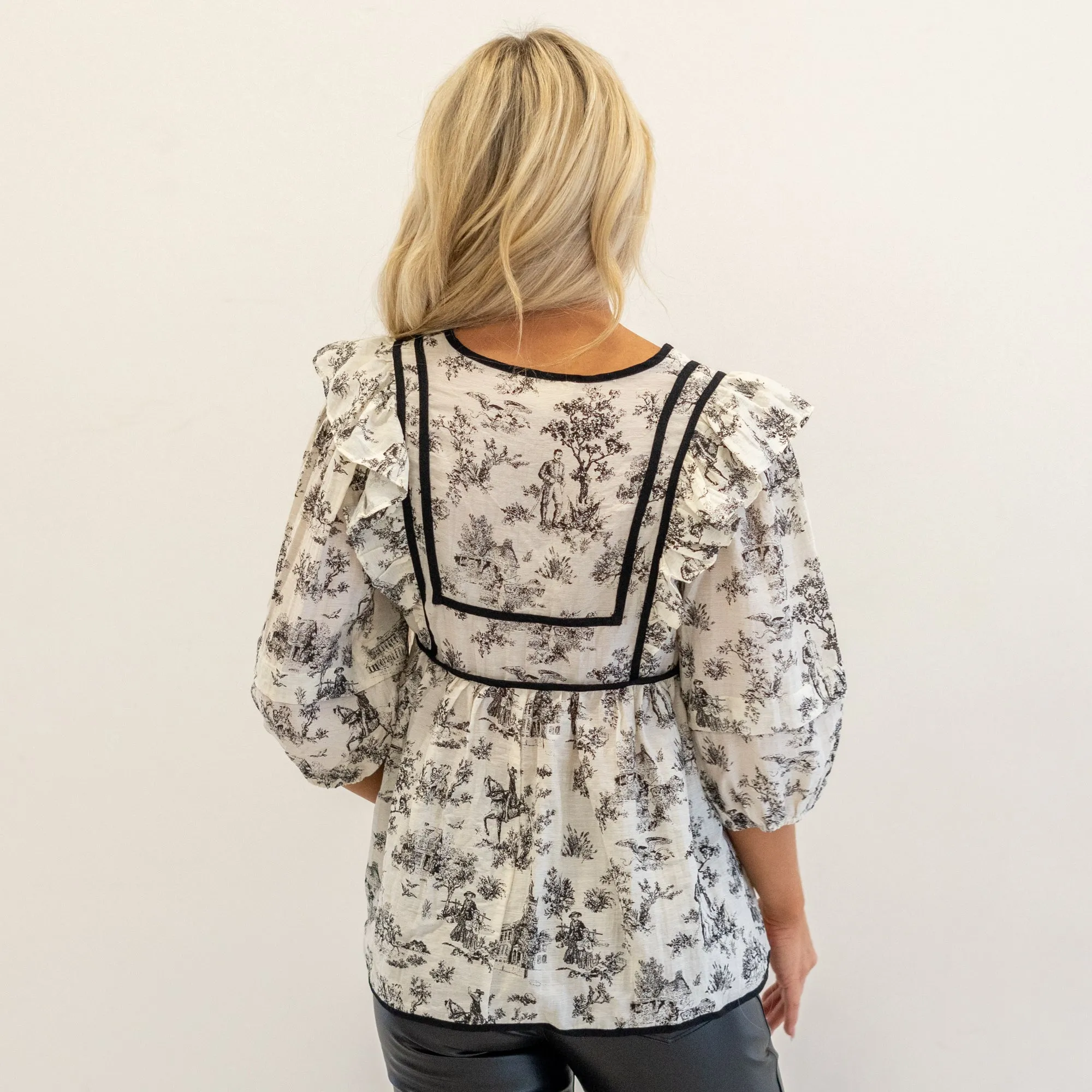 Ruffled Tie Neck Puff Sleeve Babydoll Blouse
