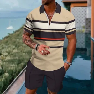 Short-Sleeved Zippered Classic Striped Polo Board Shorts Suit 2404001465