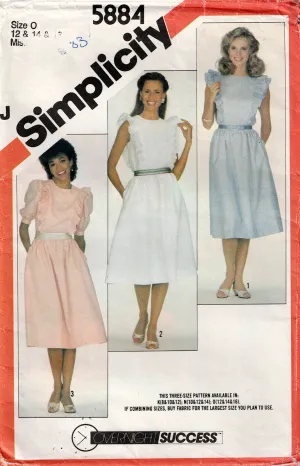 Simplicity 5884 Womens Puff Sleeved Dress with Shoulder Ruffles 1980s Vintage Sewing Pattern Size 12 - 16