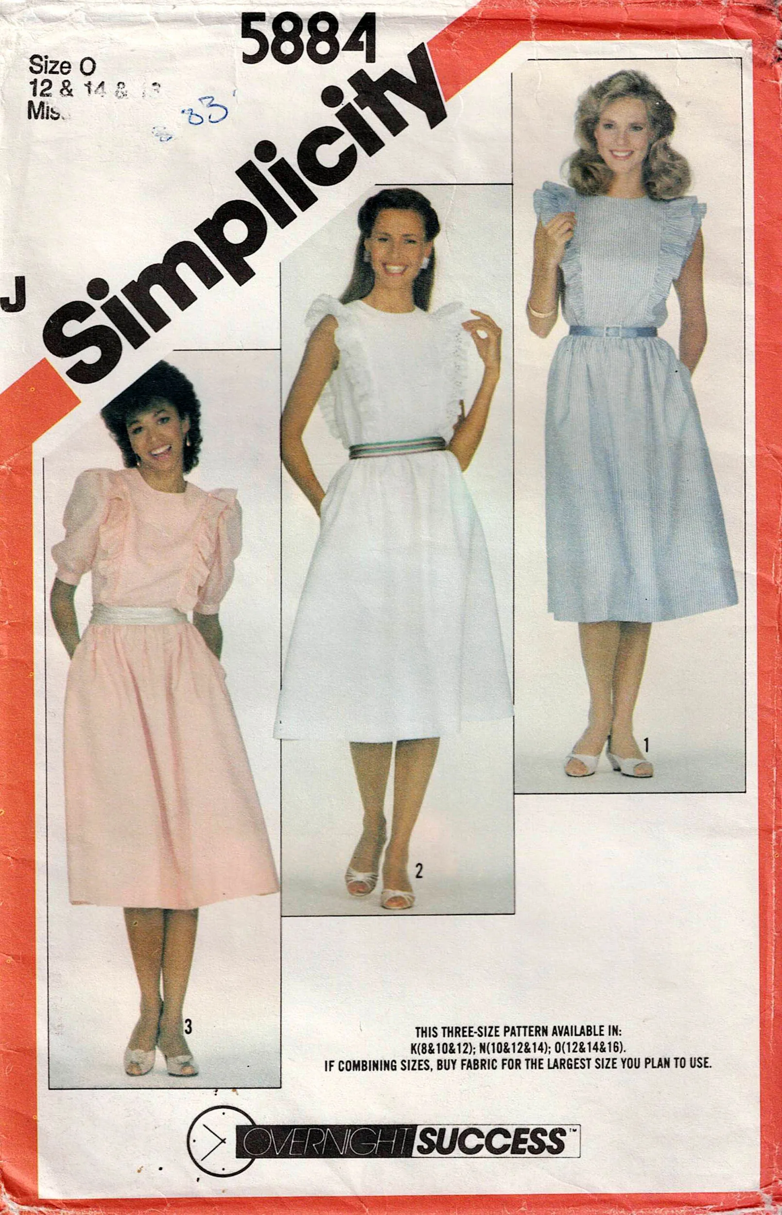 Simplicity 5884 Womens Puff Sleeved Dress with Shoulder Ruffles 1980s Vintage Sewing Pattern Size 12 - 16