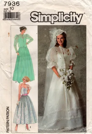 Simplicity 7936 Womens Ballerina Style Wedding Dress & Puff Sleeved Jacket 1980s Vintage Sewing Pattern Size 10 Bust 32.5 inches