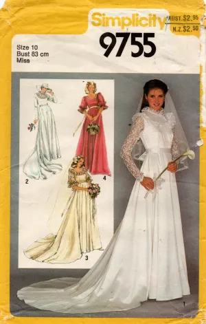 Simplicity 9755 Womens Romantic Puff Sleeved Lace Trimmed Wedding Dress 1980s Vintage Sewing Pattern Size 10 UNCUT Factory Folded