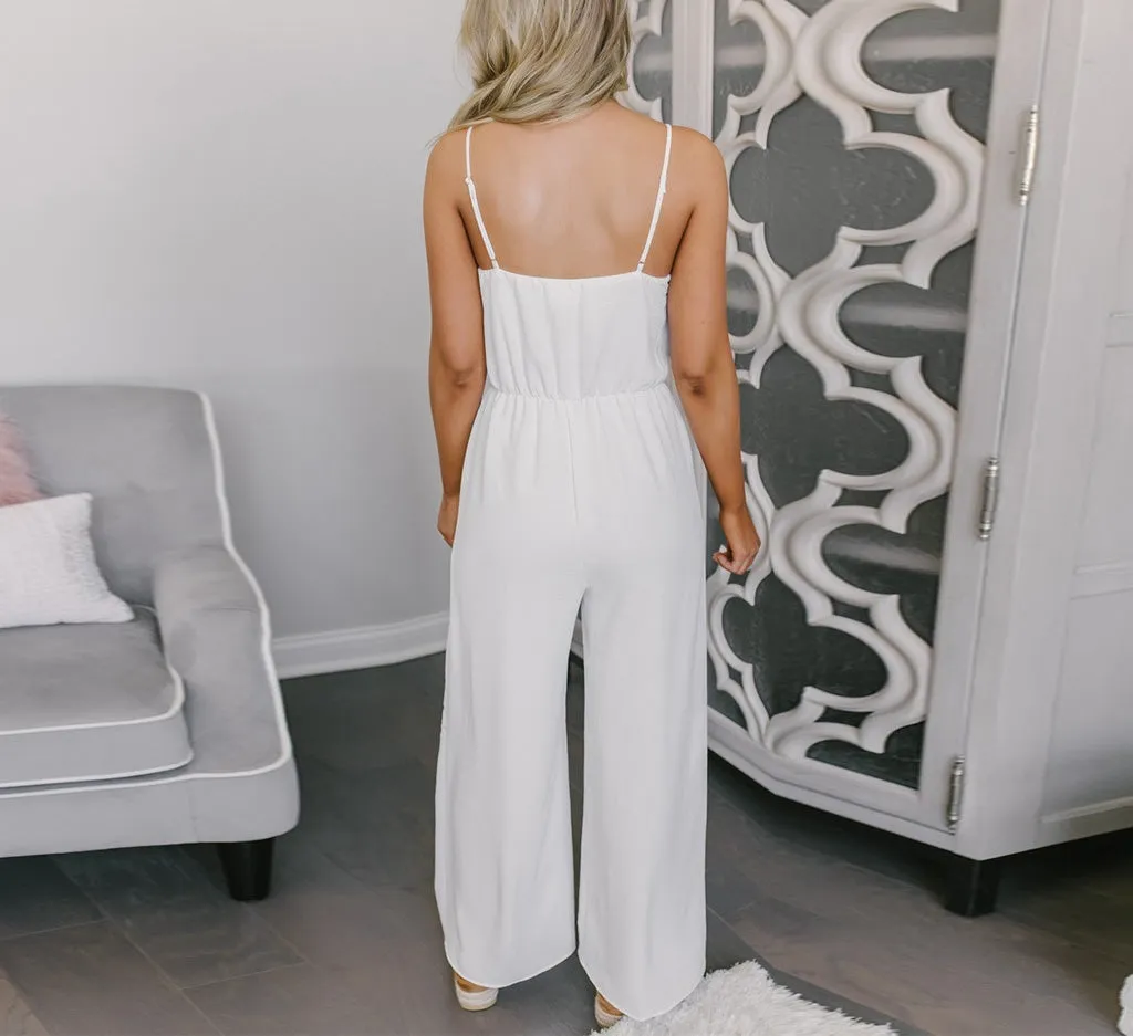 Solid Color Sling Backless Loose Wide Leg Waist Tie Jumpsuit