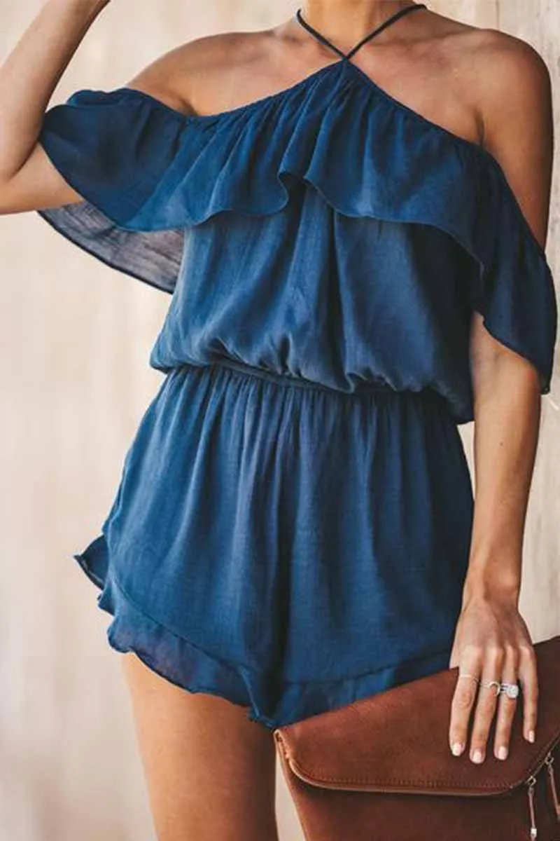 Solid Color Slub Cotton Sling Ruffled Backless Jumpsuit
